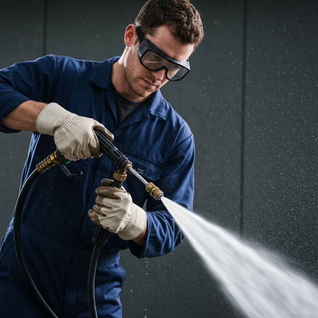 Professional technician using industrial pressure washer with visible spray